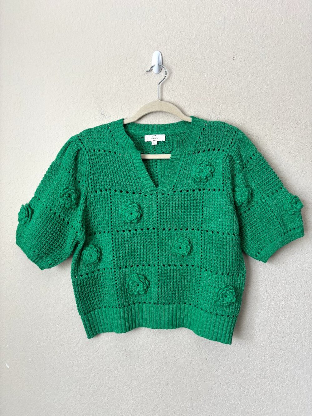 Entro Boho 3D Floral Open Knit Crochet Boxy Sweater